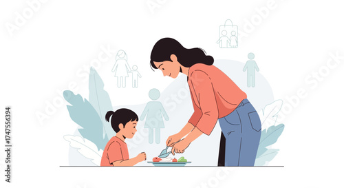 Mother Serving Food To Daughter: Illustration of Family Mealtime and Healthy Eating Habits