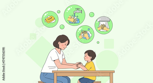 Mother Teaching Hand Washing to Child and Illustrating Correct Steps, Health Lesson