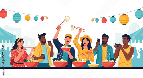 People Enjoying Delicious Noodles At The Vibrant And Colorful Outdoor Food Festival