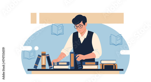 Person Arranging Books In A Library Setting With Educational and Scholarly Illustration
