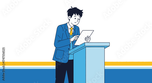 Nervous Speaker Reading Documents At A Podium Anticipating A Difficult Presentation