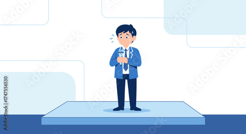 Nervous Public Speaker Holding Microphone, Sweaty And Anxious On Digital Stage