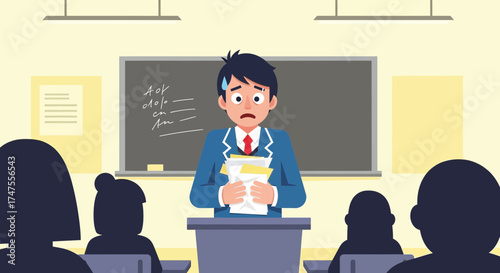 Nervous Student Presenting in Front The Class Showing Anxiety and A Fearful Expression