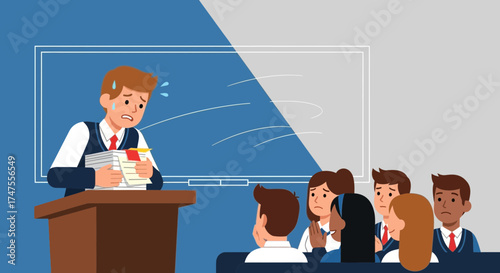 Nervous Student Presenting Paper with Anxious Classmates and Blurred White Board