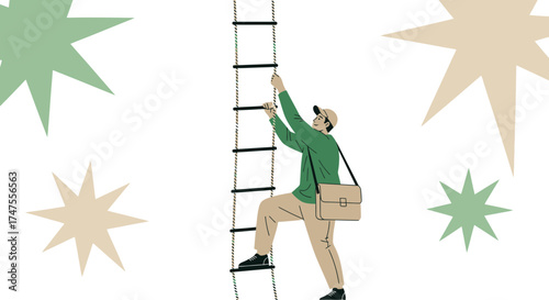 Person Ascending A Rope Ladder Towards Success With Star-Shaped Decorations