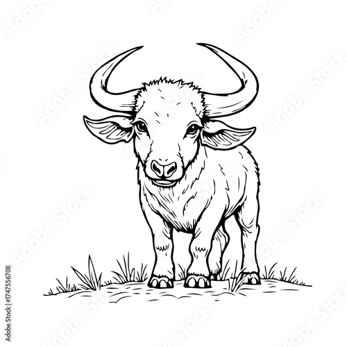 Majestic horned bovine standing calmly on verdant grass awaiting coloring adventure and artistic