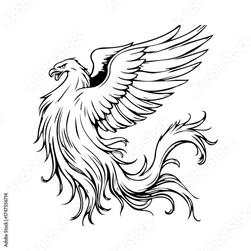 Majestic phoenix rising with detailed plumage, a symbol of rebirth and transformative power in