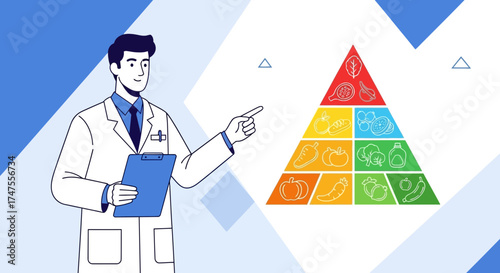 Nutrition doctor explains food pyramid for healthy diet and balanced nutrition illustration