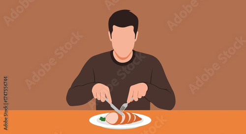 Person Cutting Sliced Meat on a Plate, Ready to Enjoy a Meal in a Warm Environment