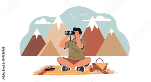 Observing Nature, Using Binoculars, Enjoying Mountain Views On a Pleasant Day