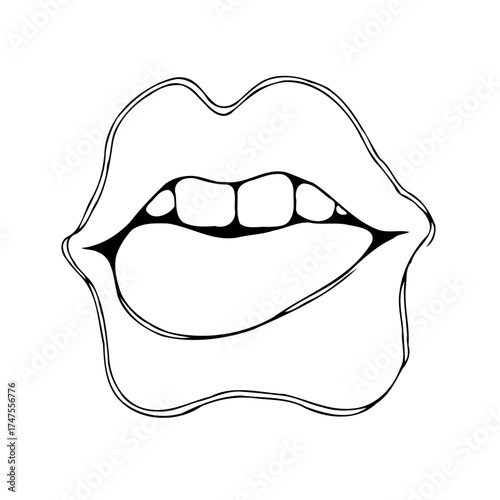 Minimalist black and white line art of lips with tongue subtly showing evokes sensuality and