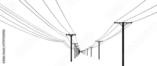 Long row of electric power poles with cables perspective view, rural electricity infrastructure vector illustration, black and white minimal energy connection design