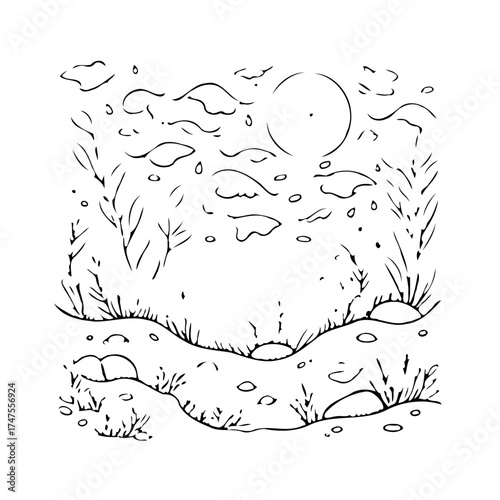 Minimalist hand drawn illustration portraying a serene landscape with moon clouds and whimsical
