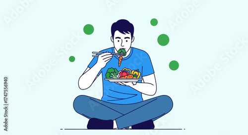 Person Eating Healthy Vegetables with Chopsticks in a Calm and Peaceful Way