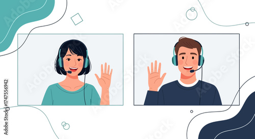 Online Communication Illustration Featuring Two People Waving Handheld Devices and headsets
