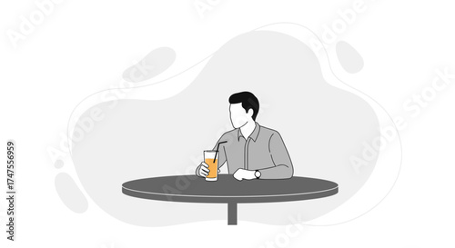 Person Enjoying A Beverage At A Cafe, Minimalist Illustration With Neutral Background