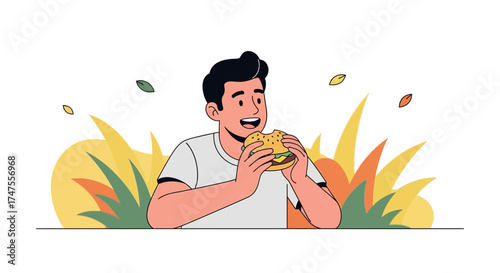 Person enjoying a burger in a peaceful setting, illustrated on a white background