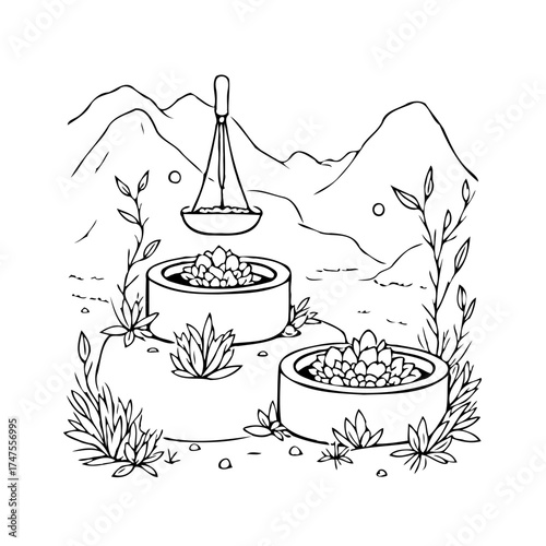 Minimalist landscape with two pots of crystals suspended ladle mountains and serene ambiance