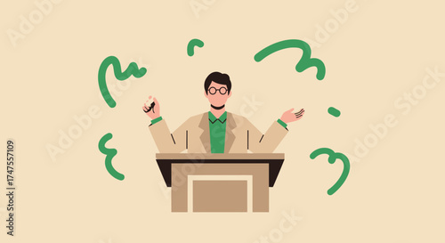 Orator Presenting Ideas at Podium Amidst Decorative Swirls in Modern Illustration Style