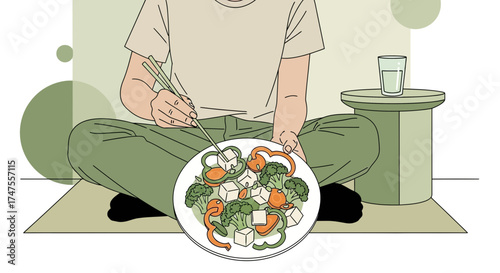 Person Enjoying Fresh Plate Of Healthy Vegetables And Tofu In A Zen Setting