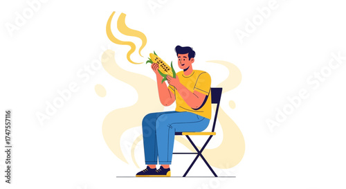Person Enjoying Freshly Cooked Corn on the Cob Illustration Depicting Summertime Pleasure
