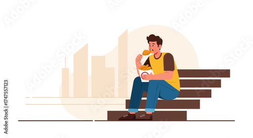 Person Enjoying Fried Chicken In Urban Setting, Modern Illustration Style And Concept