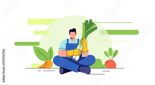 Organic Farmer Seated with Freshly Harvested Leek and Seasonal Root Vegetables Illustration