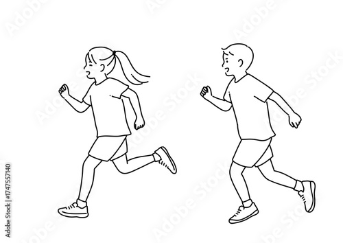 シンプル線画　笑顔で追いかけっこをしている女の子と男の子　