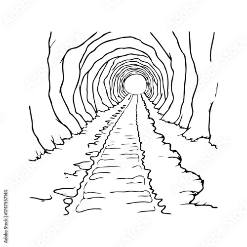 Monochromatic line drawing showcasing a railway tunnel excavation revealing depths and perspective