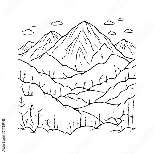 Monochromatic mountain range illustration offering serenity and adventure in a simple yet