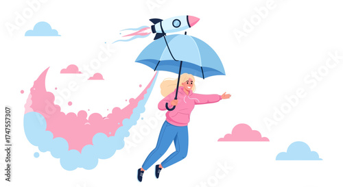 Person Flying With Rocket Umbrella Achieving Extraordinary Dreams And Amazing Success Forever