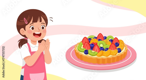 Overjoyed Child Delighted by a Stunning Fruit Tart Ready to Be Served and Enjoyed, Vector