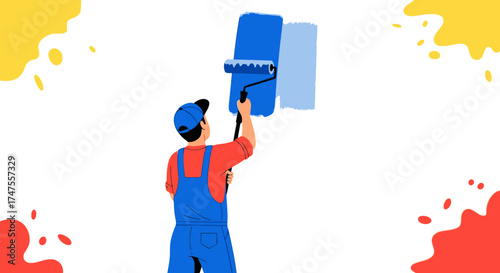Painter Applying Blue Paint to White Wall with Roller during a Painting Illustration