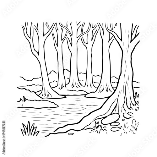 Monochrome forest illustration portraying nature's tranquility with water reflection and