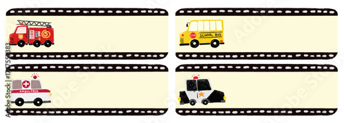 cute blank empty set collections police fire truck ambulance dump truck community cars vehicle design for Name Label birthday gift party sticker pastel crayon doodle watercolor illustration