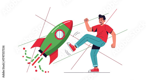 Person Initiating Rocket Launch, Symbolic Representation Of A New Beginning Or Venture
