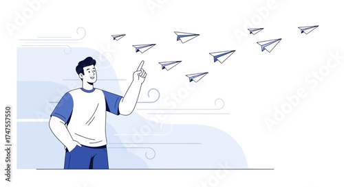 Person Leading Paper Airplanes, Symbolic Representation of Leadership, Strategy, And Success