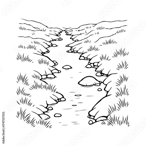 Monochrome illustration of a tranquil creek flowing between grassy slopes, suitable for coloring