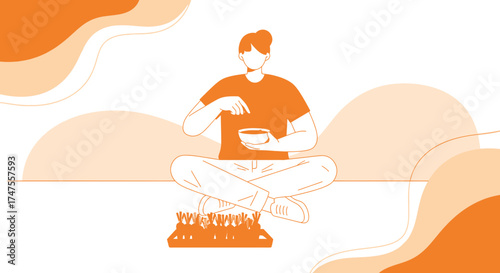Person Meditating in the Lotus Position While Holding a Bowl, Vector Illustration