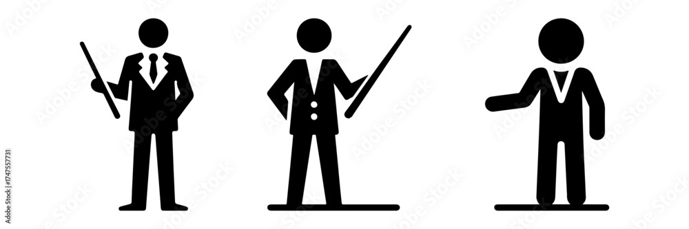 Fototapeta premium Modern Minimalist Men with Pointer Stick Icon, Flat Silhouette of Office Workers Vector for Presentation Illustration Design