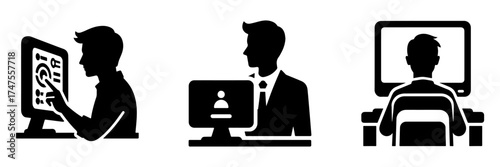 Modern Minimalist Men Looking at Monitor Icon, Flat Silhouette of Office Workers Vector for Technology Illustration Design