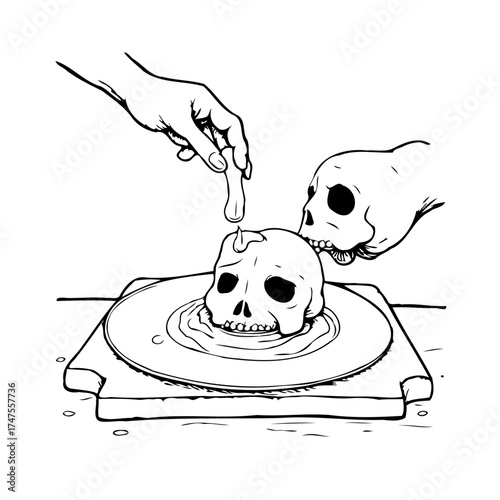Monochrome skull manipulation ritual with spectral observer a stark visual narrative unfolds