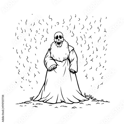 Monochrome spectral figure illustration depicting a ghostly presence with flowing beard under a