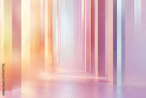 A softly lit interior space, bathed in pastel hues, with numerous vertical pillars creating a serene and ethereal ambiance.