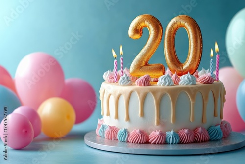 White frosted birthday cake decorated with pink, blue, and white icing swirls, golden number 20 candles, and small lit candles with pastel balloons in background