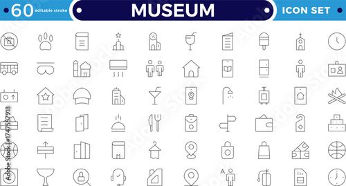 Museum outline icon collection. Includes sculpture, gallery, column, statue, pillar, and artifact symbols. Cultural and historical heritage, archaeology, preservation. Editable stroke outline icon. 