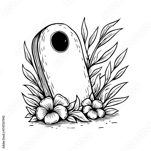 Mysterious gravestone amidst floral beauty captures the ephemeral nature of existence, emphasizing