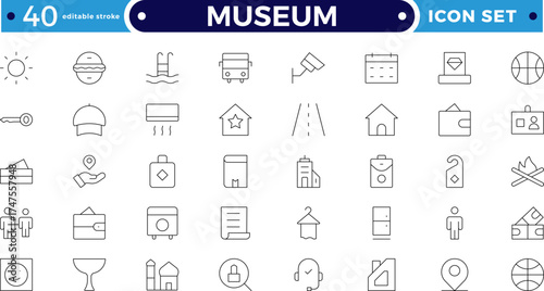 Museum outline icon collection. Includes sculpture, gallery, column, statue, pillar, and artifact symbols. Cultural and historical heritage, archaeology, preservation. Editable stroke outline icon. 
