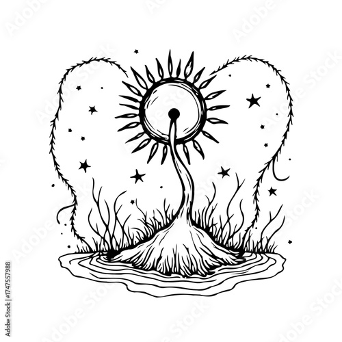 Mystical celestial bloom unfurls releasing starlight into serene waters, nourishing ethereal roots