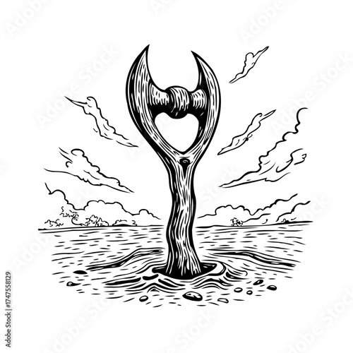 Mystical woodcut of a strange organic form emerging from the sea with abstract clouds and water